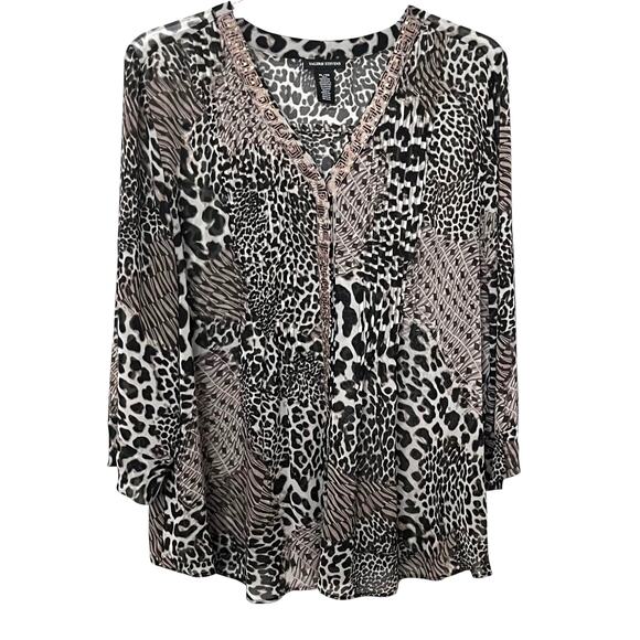 VALERIE STEVENS LONG TAB SLV BUTTON-UP BLOUSE, WOMENS, XL, BLK BRN GOLD ANIMAL - Picture 1 of 10